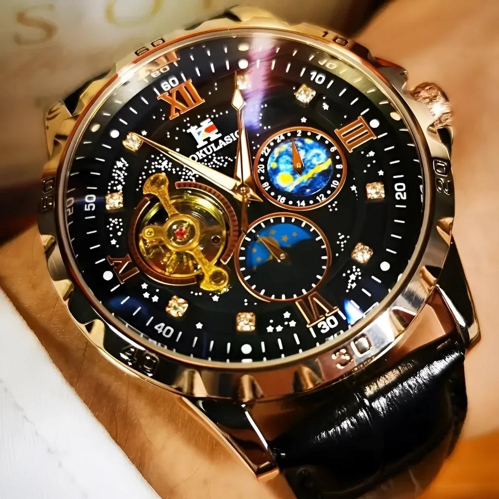 Men's black and rose gold automatic mechanical watch with hollow dial and transparent caseback