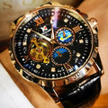 Men's black and rose gold automatic mechanical watch with hollow dial and transparent caseback