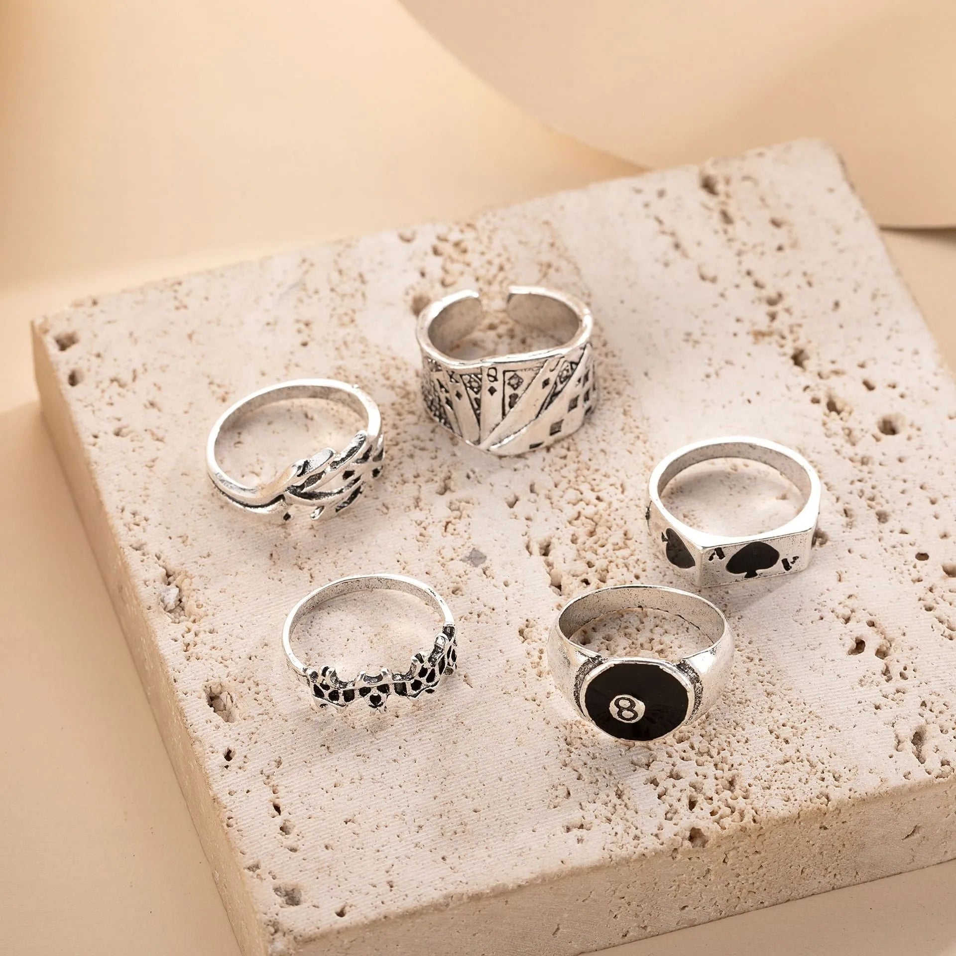 Black adjustable alloy ring with detailed retro spade card design for women