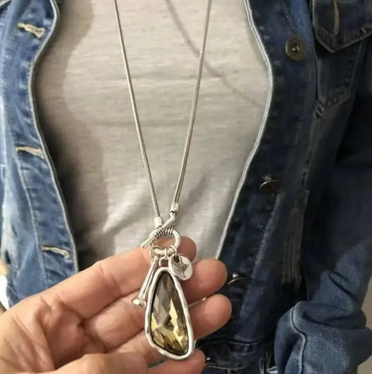 Alloy geometric water drop pendant on snake bones chain necklace for sweater layering