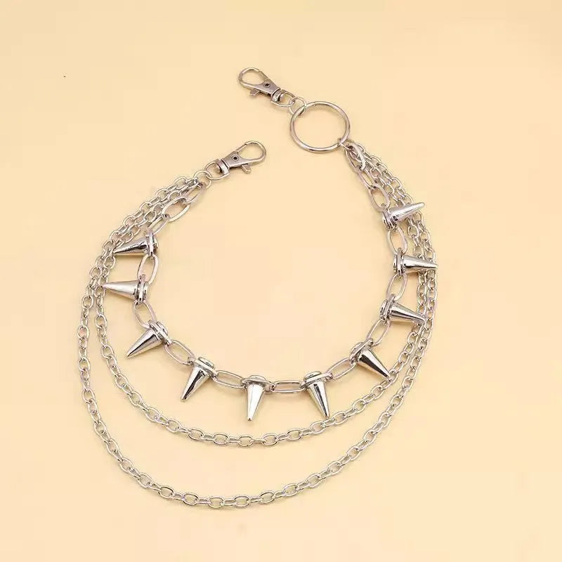 Silver metal pants chain with double-layer chain links and rivet decorations, 115cm length