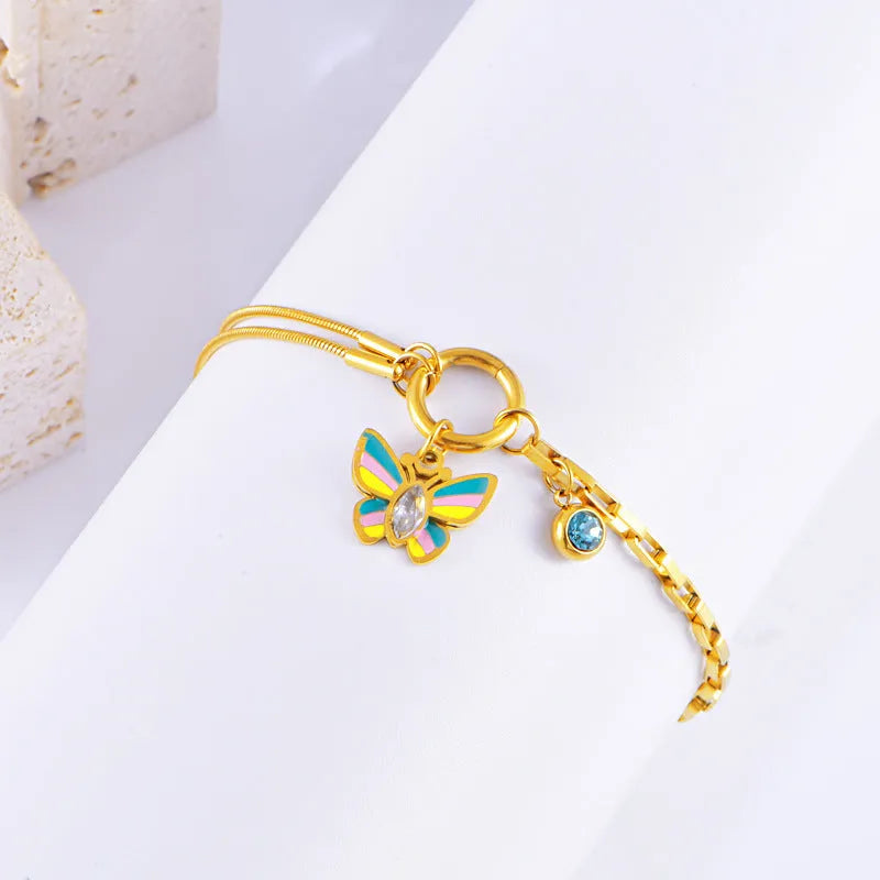 Gold titanium steel epoxy butterfly necklace and bracelet set with snake bones chain