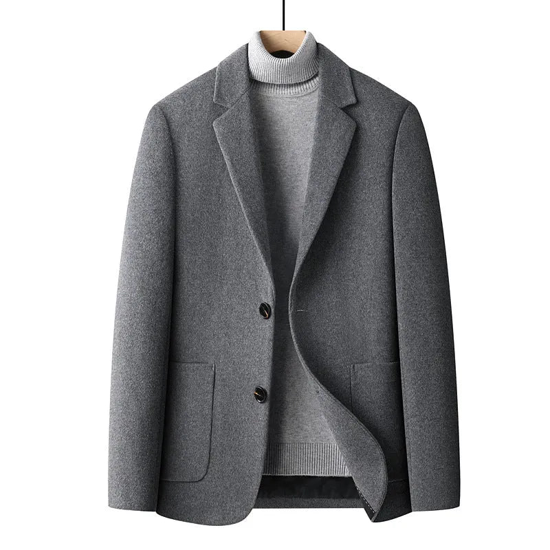 Men's slim fit grey wool suit jacket for autumn and winter wear.