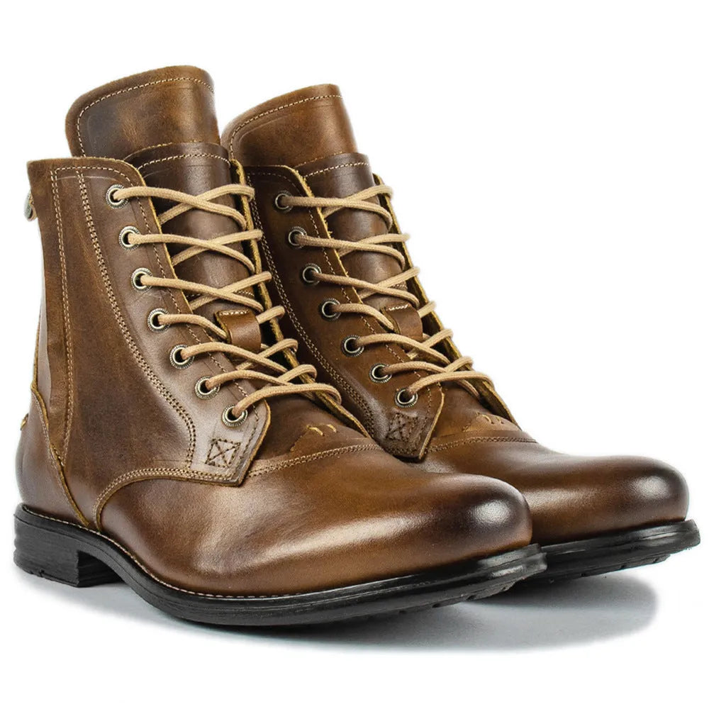 Knight Series men's black and brown leather boots with side zipper and low heel