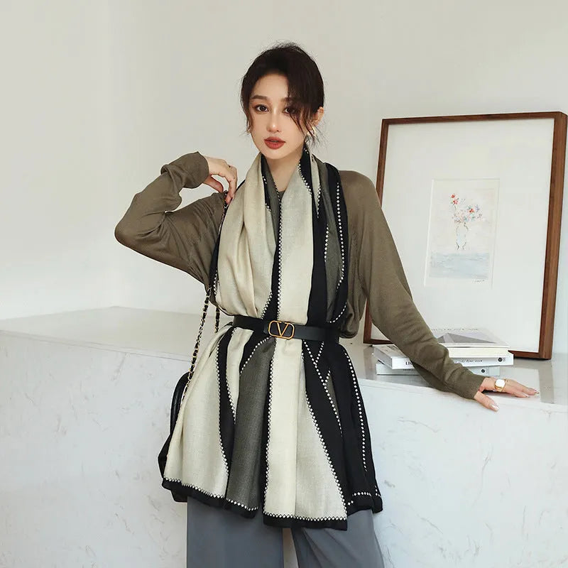 Women's printed polyester scarf showing 180cm length and 90cm width dimensions with autumn-appropriate design