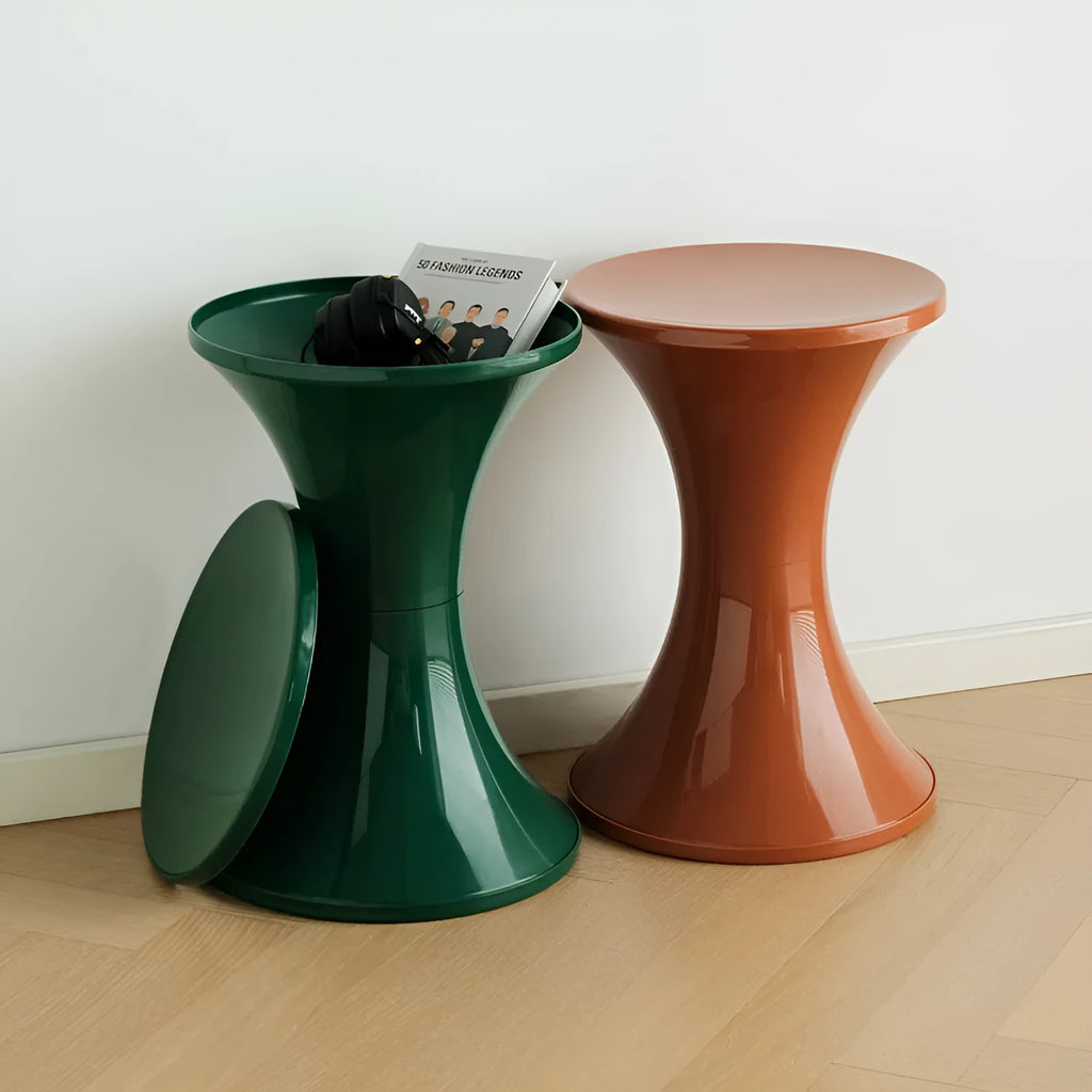 Hourglass-shaped plastic shoe changing stool with non-slip base in multiple colour options