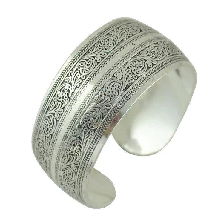Ethnic carved open bracelet with Miao silver-style design in elephant colour