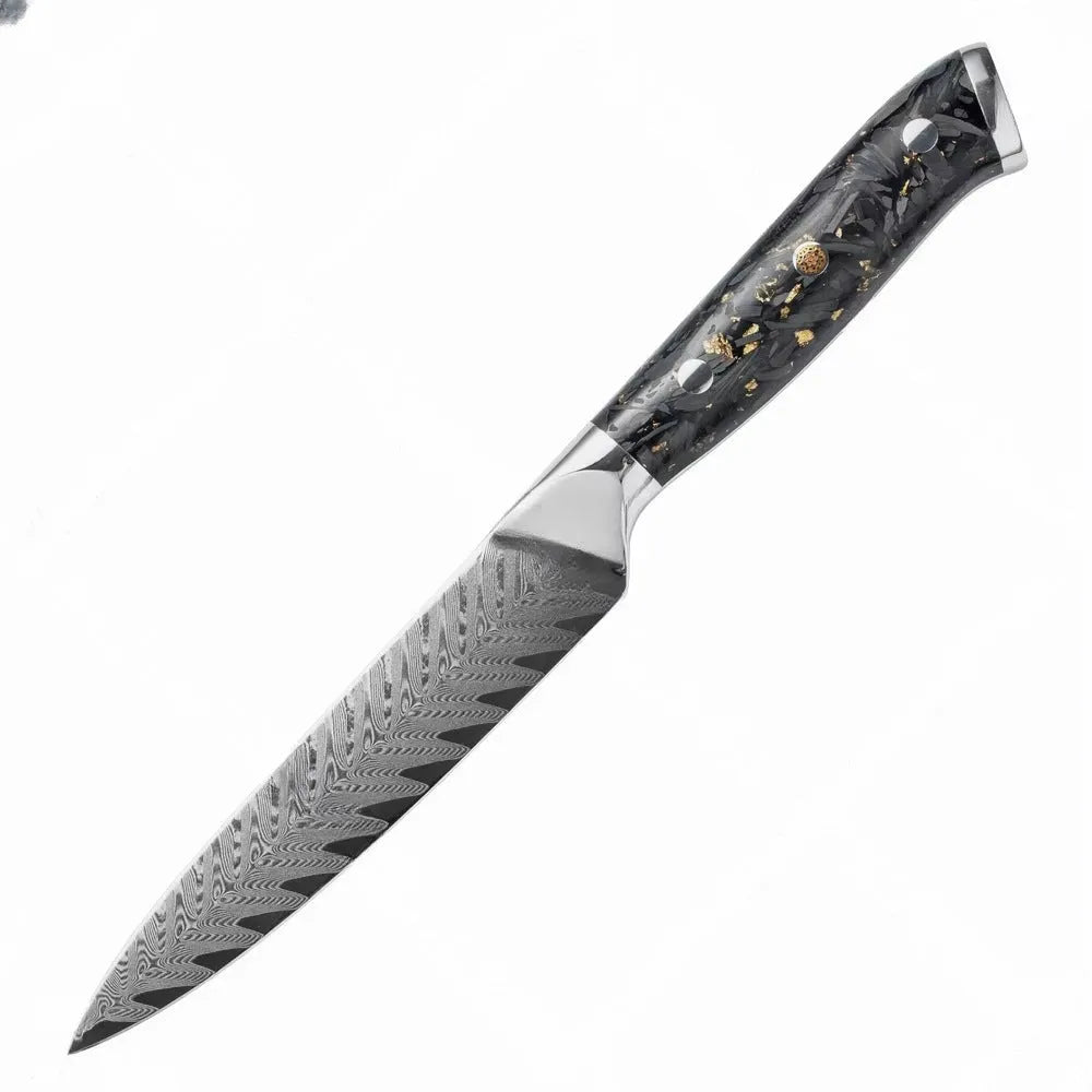 Damascus pattern chef knife set with 8 different blades including kitchen, Japanese, boning, utility, steak and fruit knives