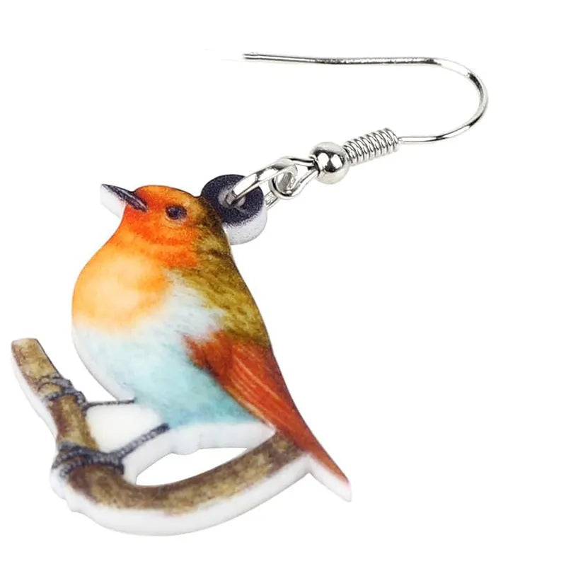 Blue titmouse pendant earrings made from acrylic with geometric animal design