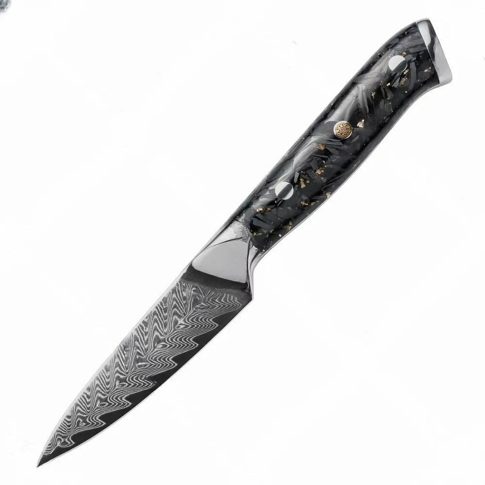Damascus pattern chef knife set with 8 different blades including kitchen, Japanese, boning, utility, steak and fruit knives