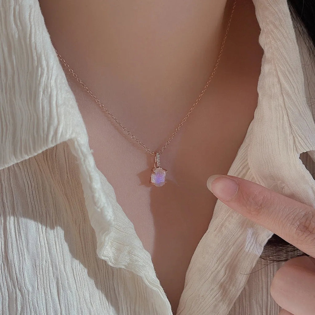 S925 sterling silver geometric moonstone pendant necklace with curb chain on white background