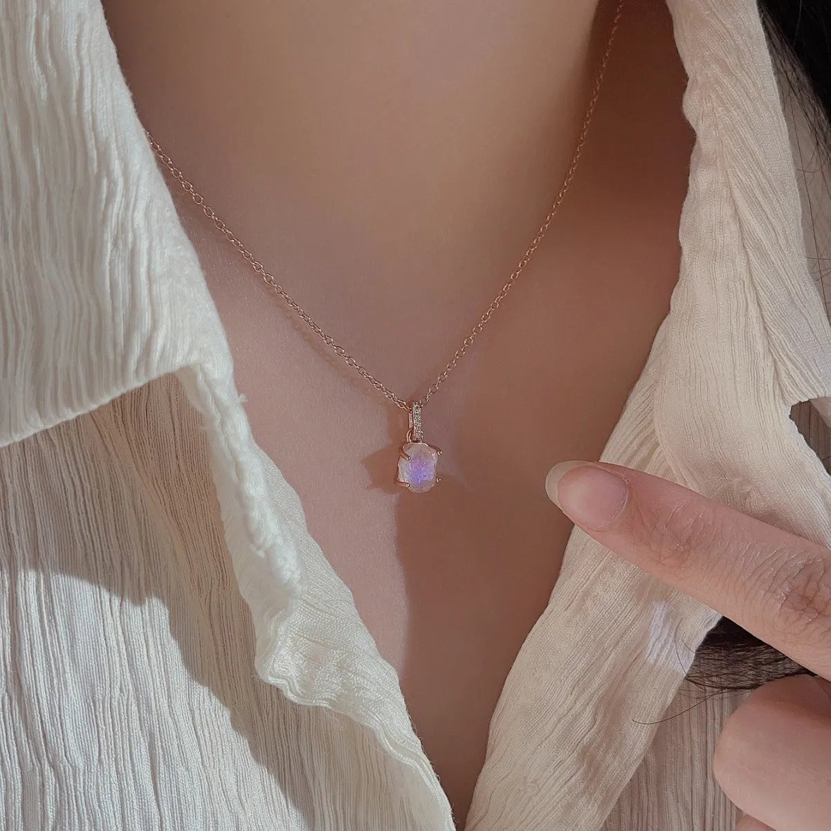 S925 sterling silver geometric moonstone pendant necklace with curb chain on white background
