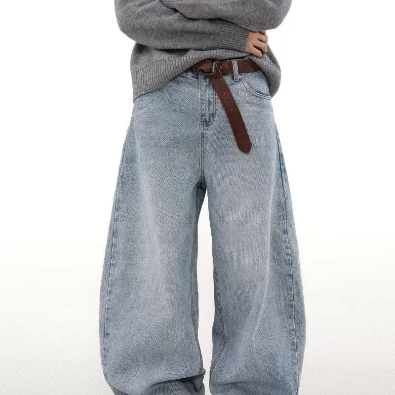 Retro washed distressed straight jeans for men in blue, mid waist cotton denim trousers with zipper fly