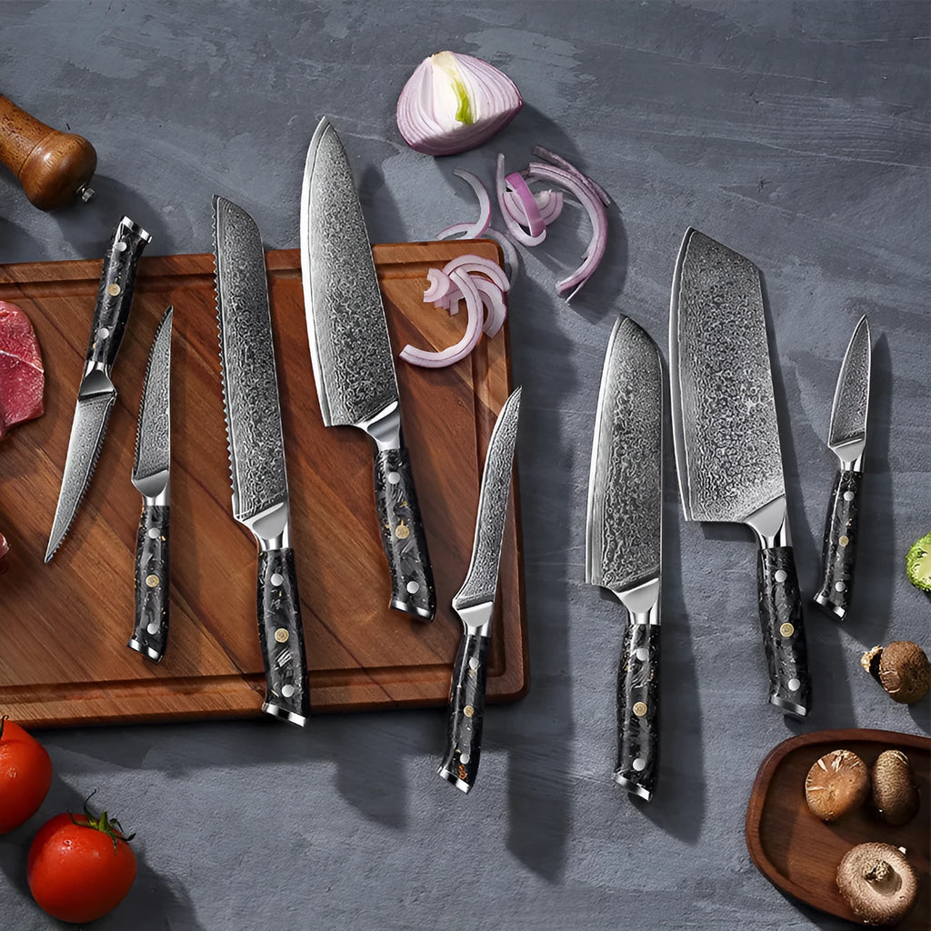 Damascus pattern chef knife set with 8 different blades including kitchen, Japanese, boning, utility, steak and fruit knives