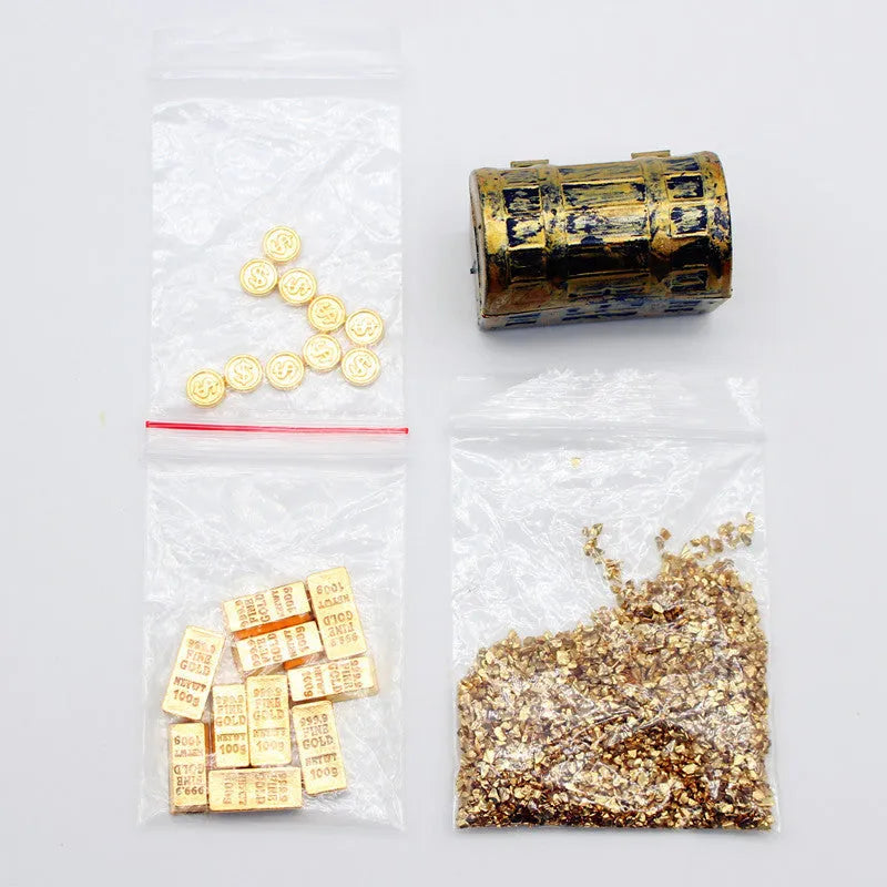 Miniature alloy treasure chest ornament with gold coins and bars for doll house accessories