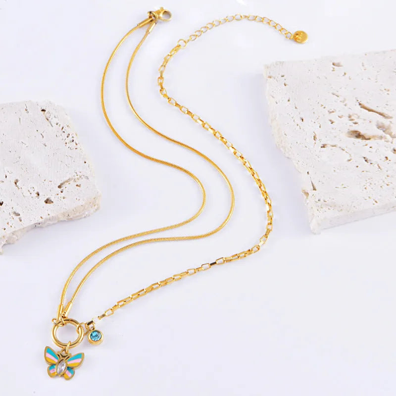 Gold titanium steel epoxy butterfly necklace and bracelet set with snake bones chain
