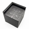 Four black thickened plastic bed foot mats arranged for height increasing furniture support