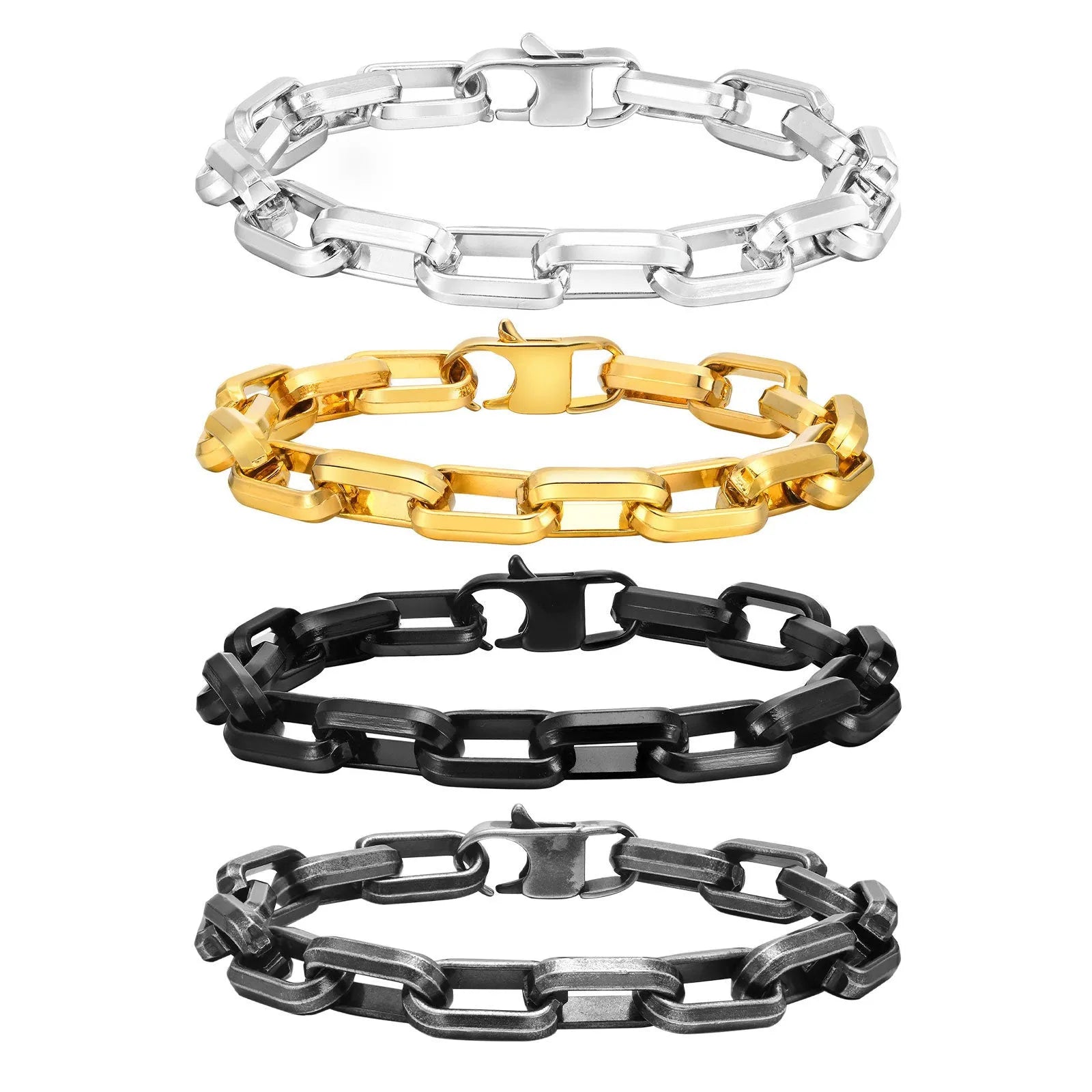 Men's square chain link titanium steel bracelet in electroplated finish options.