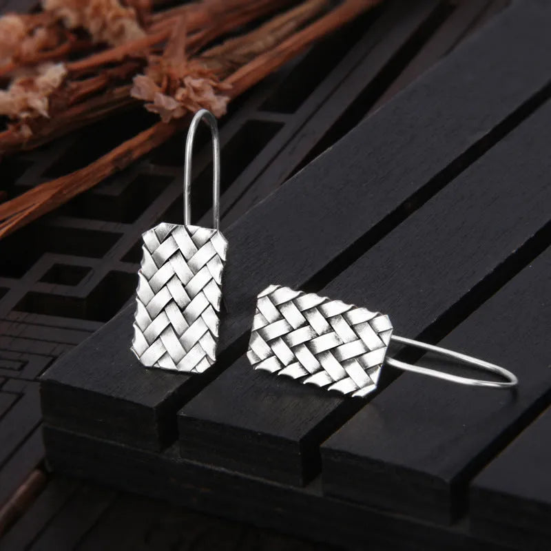 Silver geometric woven diamond plaid earrings for women 17.5mm x 11mm