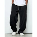 Men's straight leg polyester casual trousers in black with micro-elastic drawstring waistband