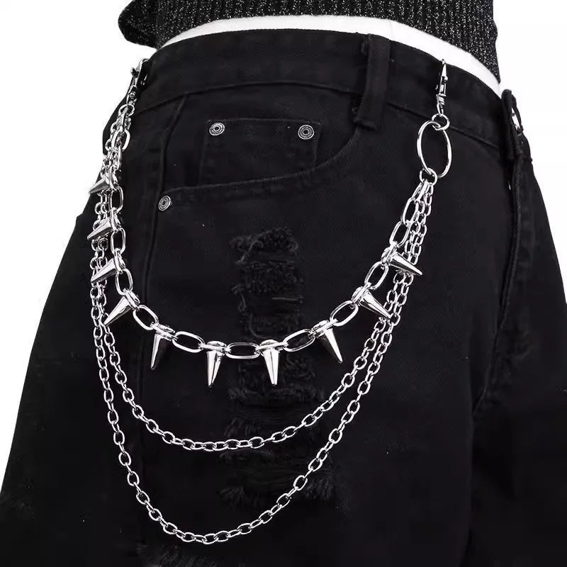 Silver metal pants chain with double-layer chain links and rivet decorations, 115cm length