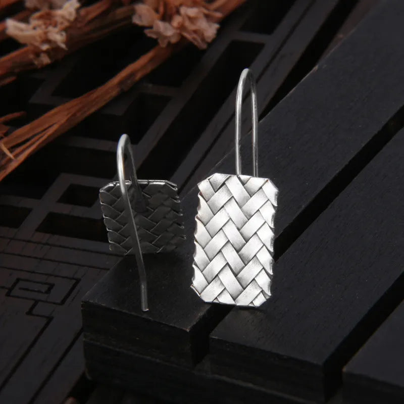 Silver geometric woven diamond plaid earrings for women 17.5mm x 11mm