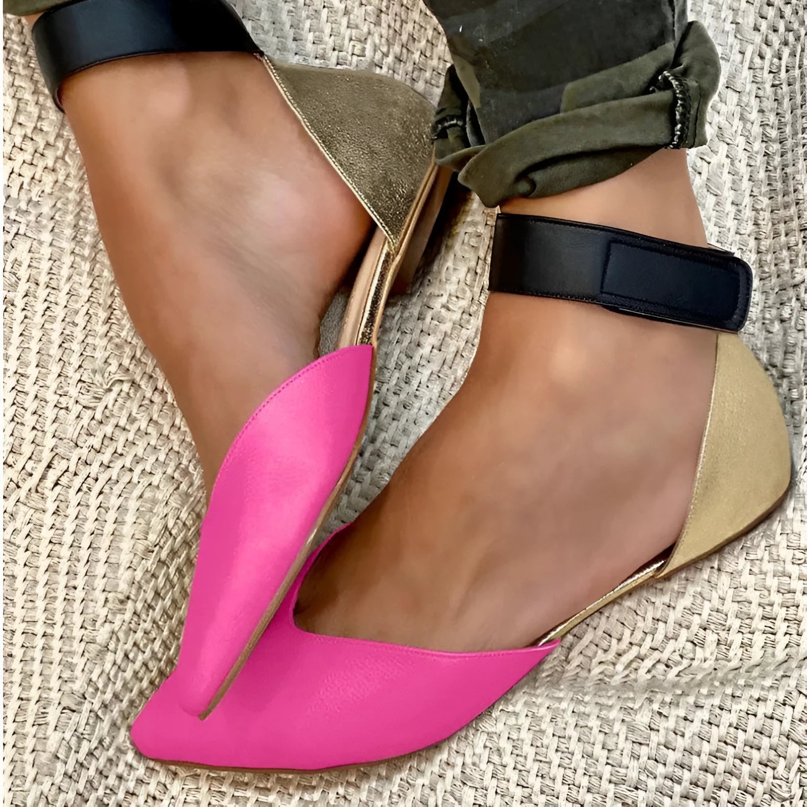 Women's velcro fastening sandals with hollowed pattern design in beige colour showing flat heel