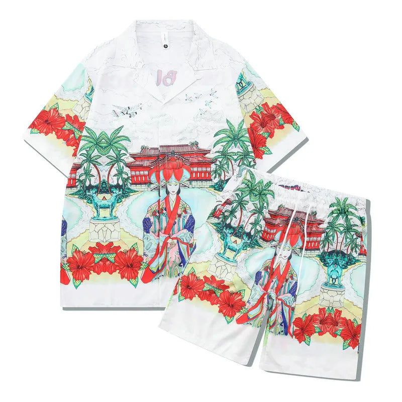 Plaid printed beach outfit set for men and women, featuring a short sleeve shirt and matching trousers.