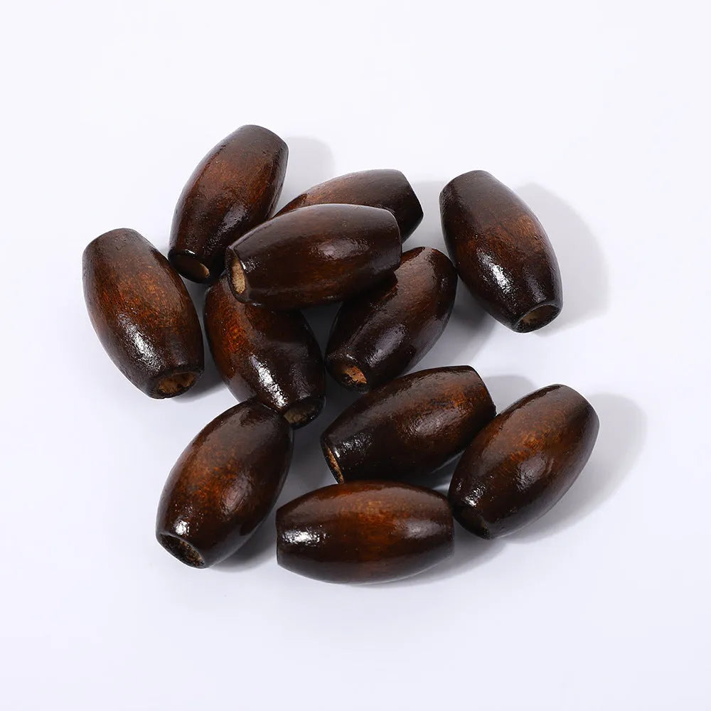 Oval M-shaped raised wooden bead in dark coffee colour, 25mm length, baking varnish finish