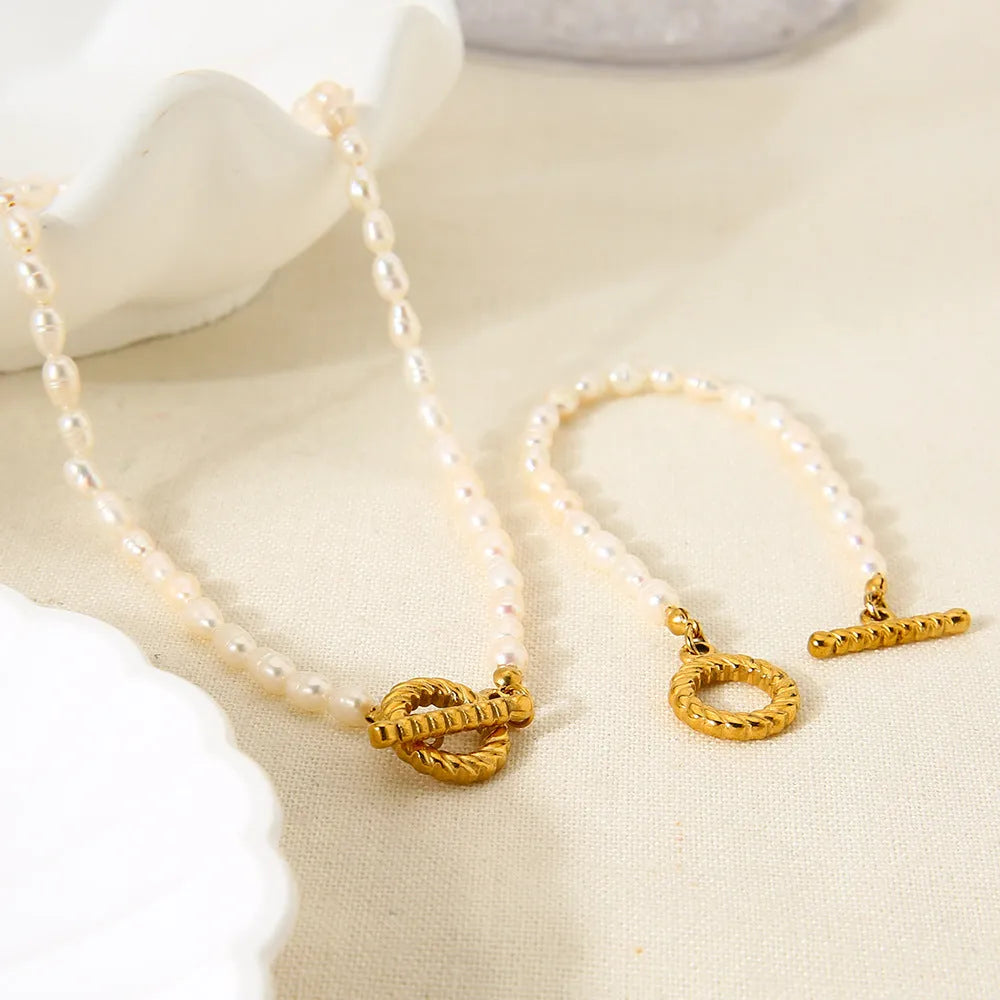 Freshwater pearl necklace and bracelet set on stainless steel clavicle chain geometric design ins style