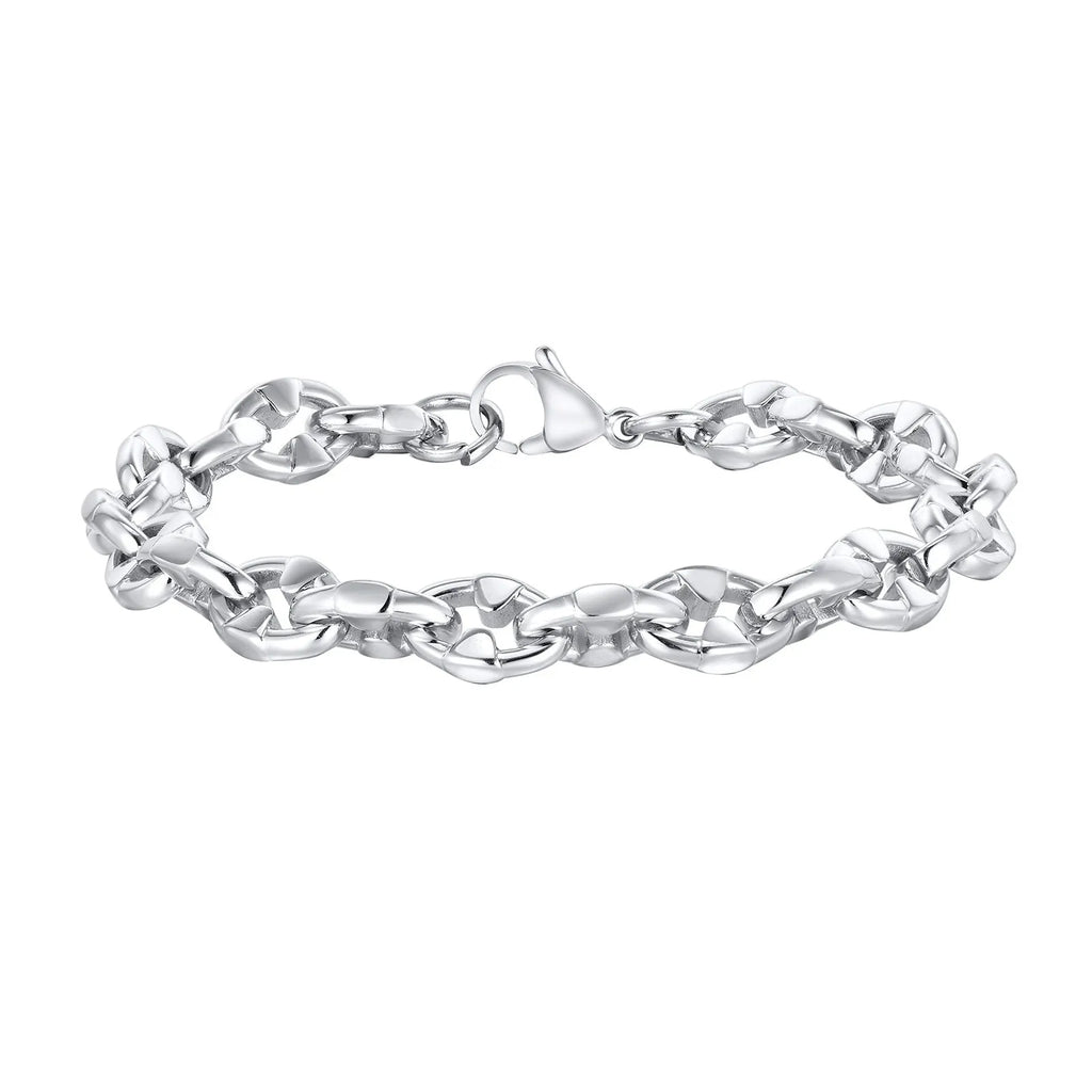Men's stainless steel handmade geometric chain bracelet in steel colour on a wrist.