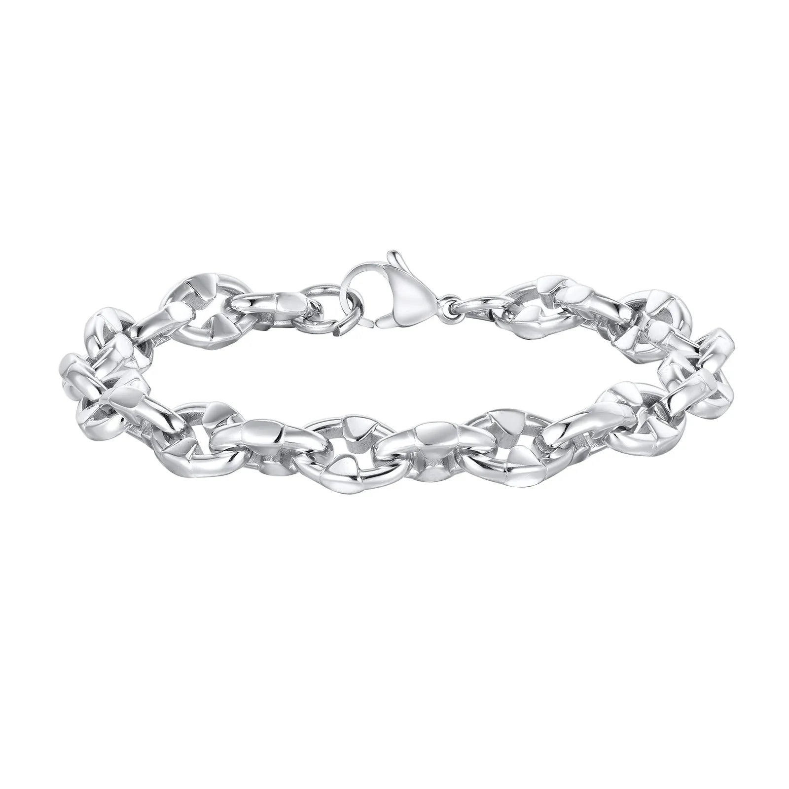 Men's stainless steel handmade geometric chain bracelet in steel colour on a wrist.
