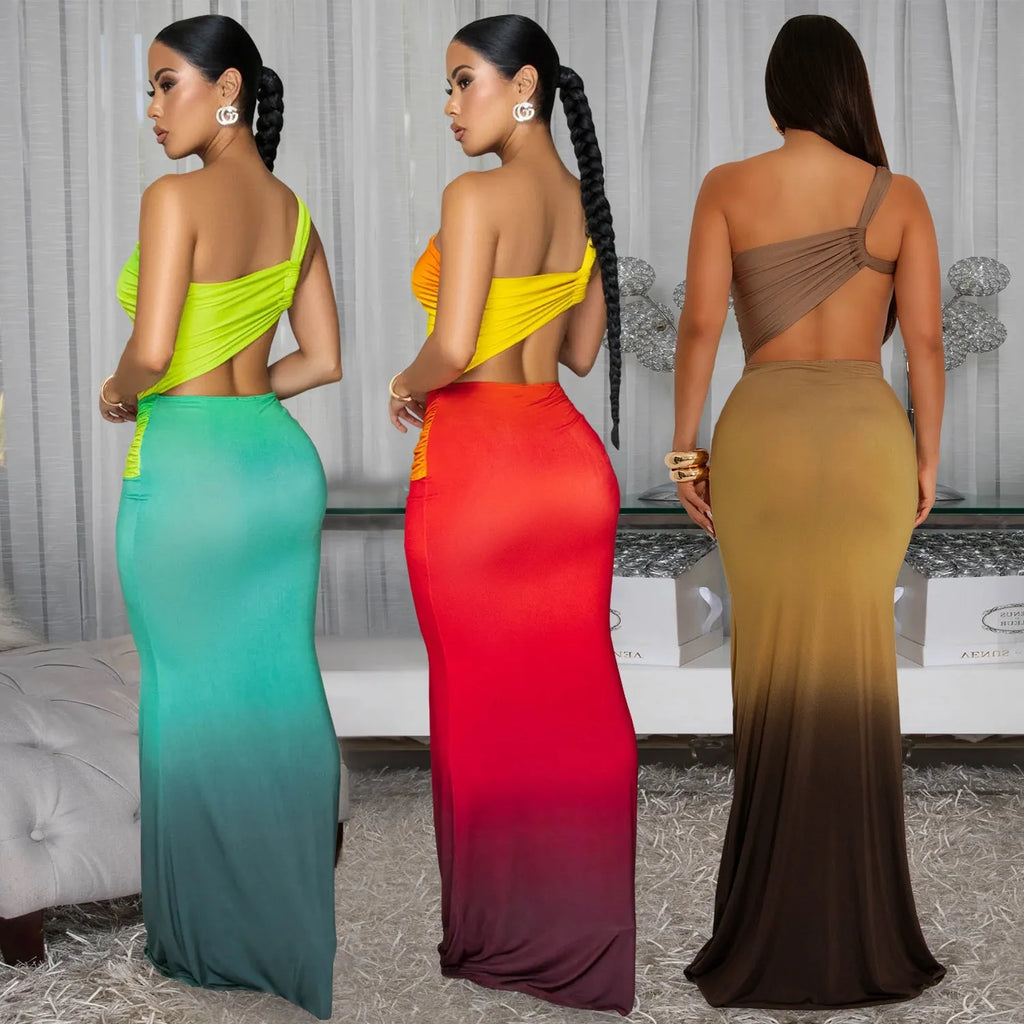 Women's long dress with gradient colour pattern and asymmetrical cross-shoulder neckline