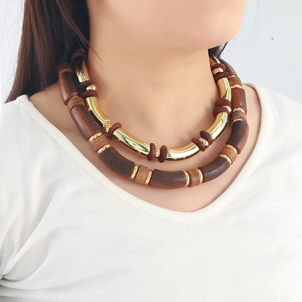 Multi-layer wooden style necklace and bracelet set with exaggerated European American design