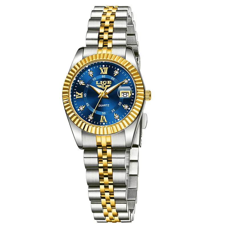 Women's waterproof quartz fashion watch in gold and silver colour options with 10mm thickness