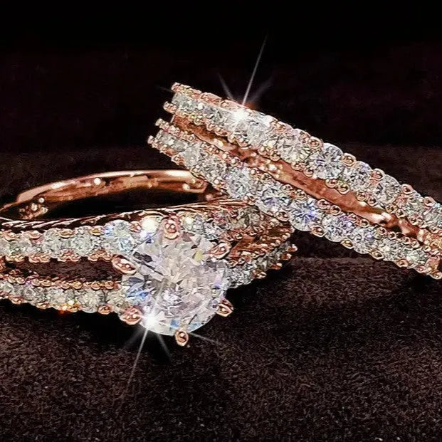 2-in-1 fully-jewelled female ring set in silver, gold, and rose gold colours with geometric design