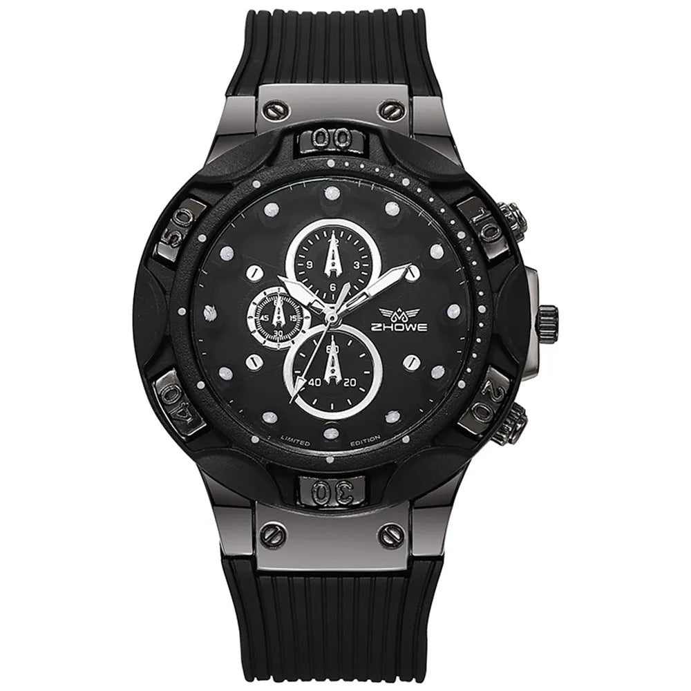 Men's sports quartz watch with 45mm round alloy case and black silicone strap on a white background