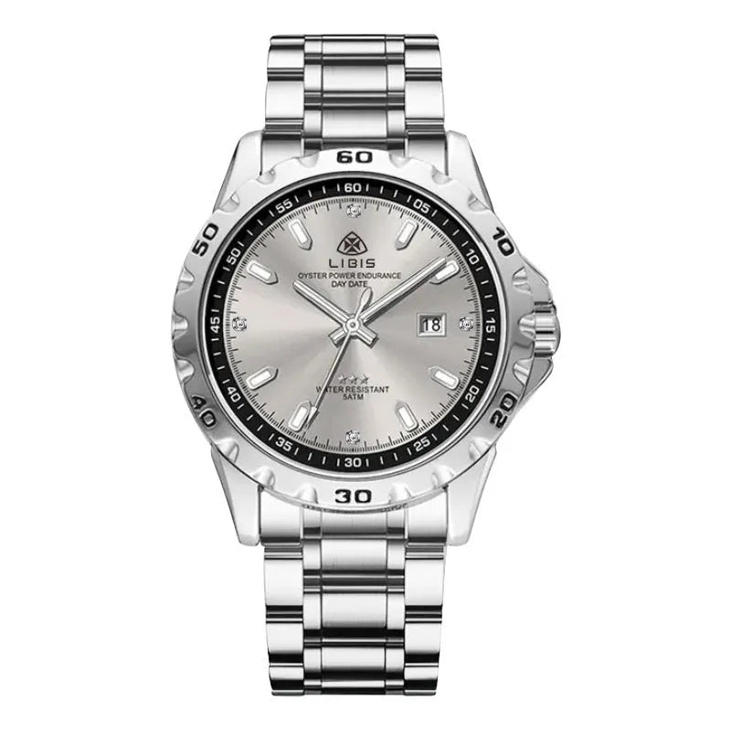 Men's silver quartz watch with luminous hands and stainless steel strap