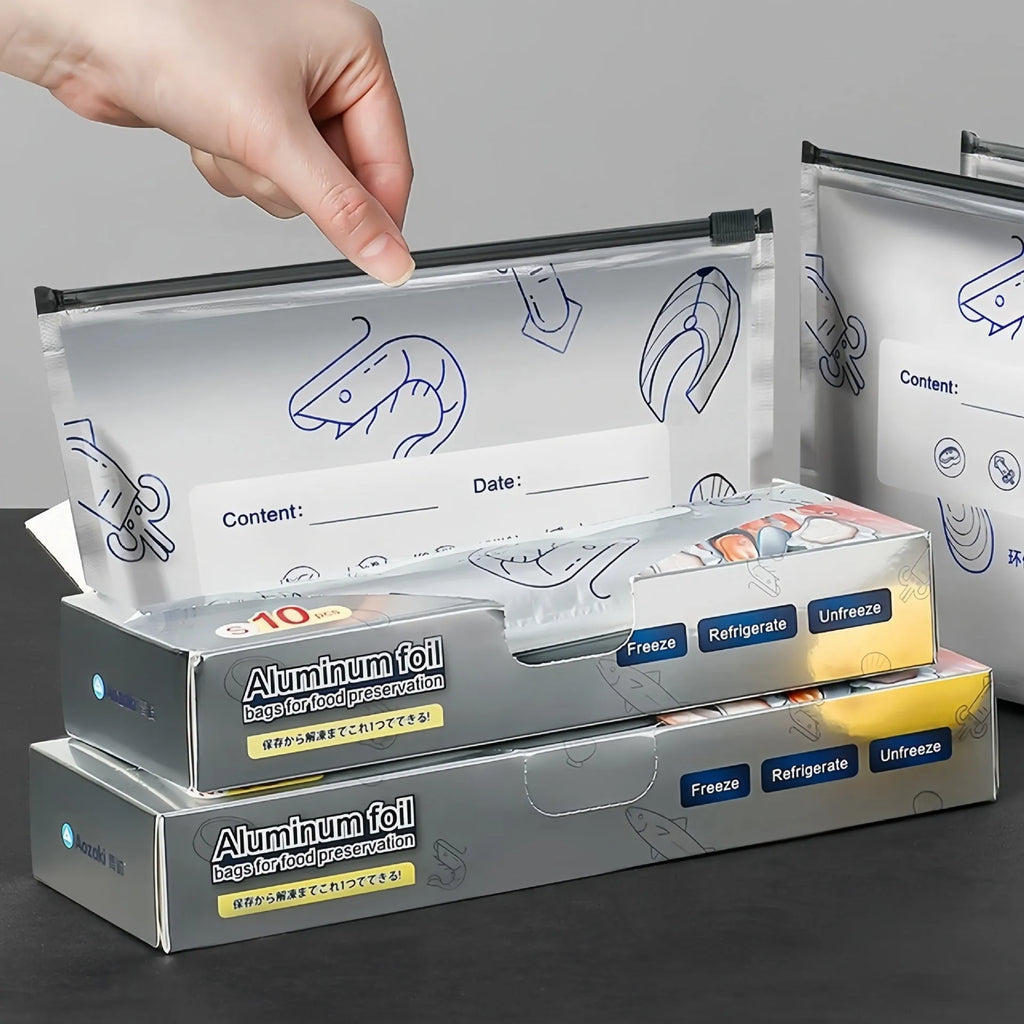Aluminium foil sealed storage bags showing three sizes and bag versus box style options