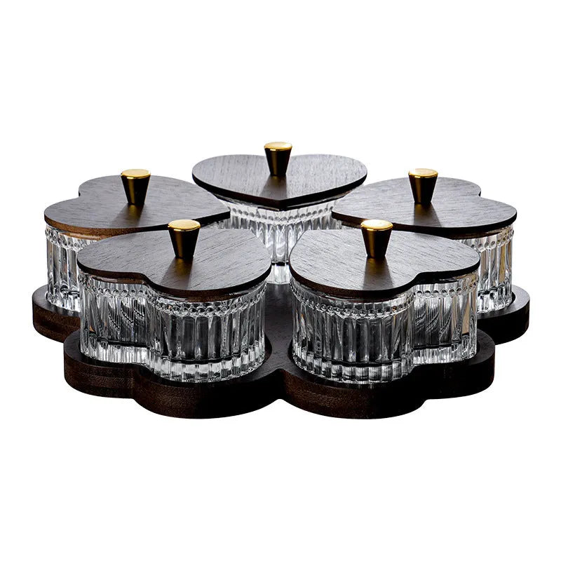 Glass snack serving platter with transparent heart-shaped lids in 2 3 4 5 grid compartment configurations