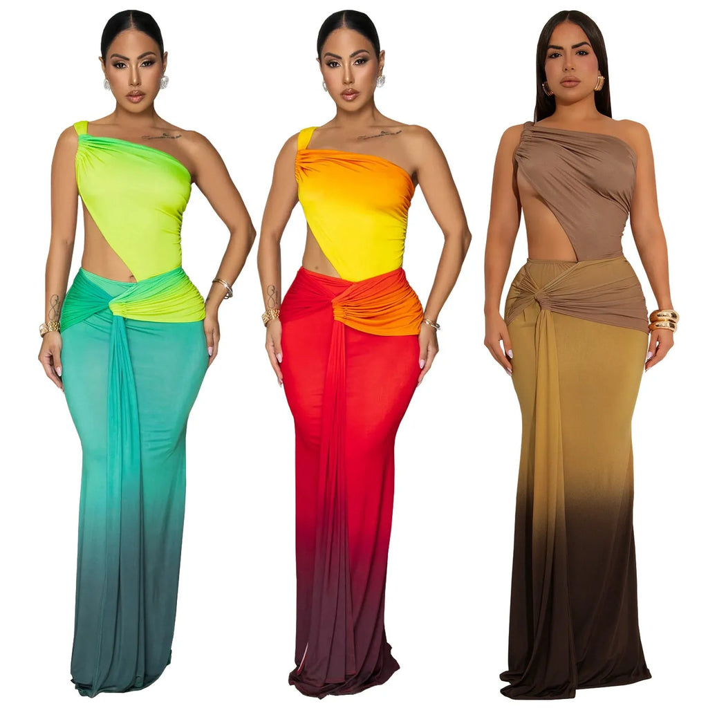 Women's long dress with gradient colour pattern and asymmetrical cross-shoulder neckline