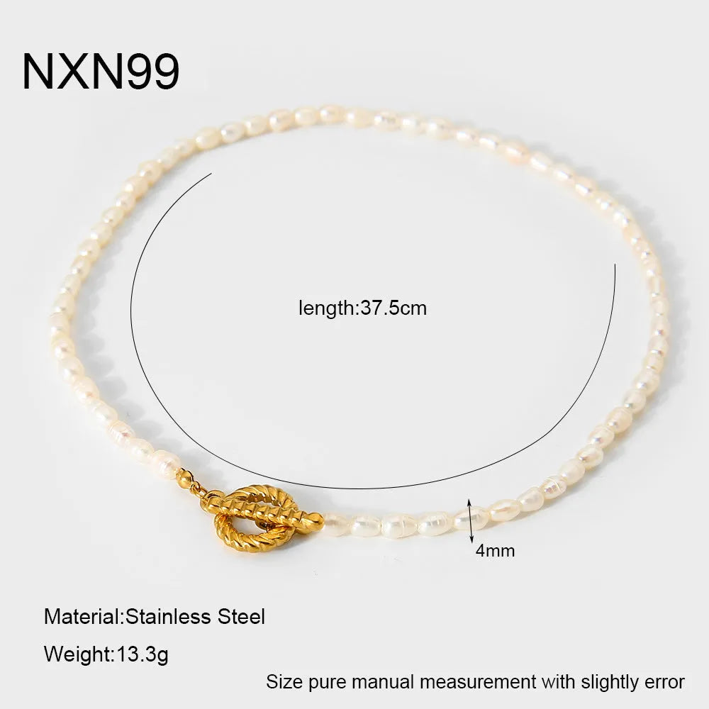 Freshwater pearl necklace and bracelet set on stainless steel clavicle chain geometric design ins style