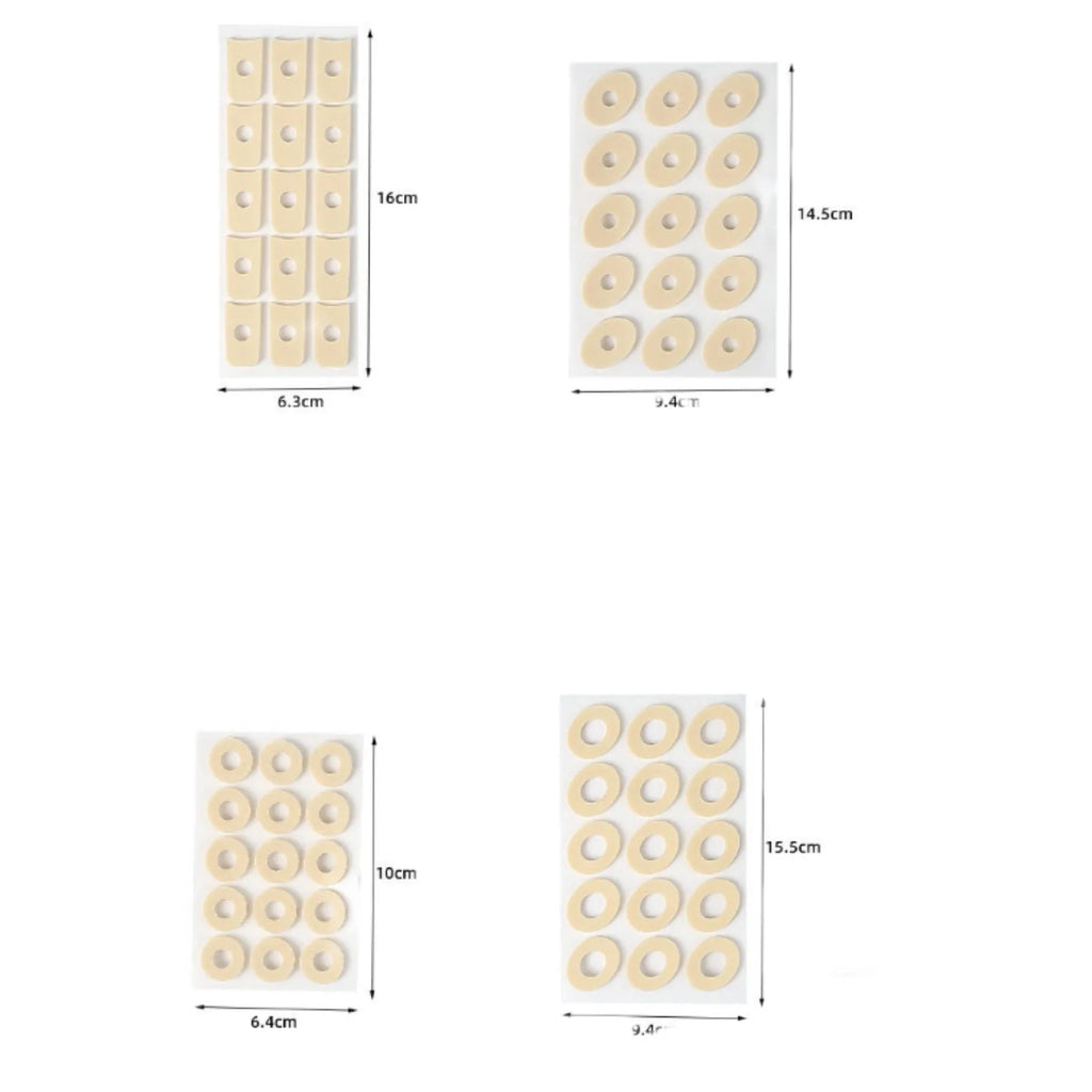 Set of women's heel grips showing four shapes: large oval, small oval, U-shaped, and circular section