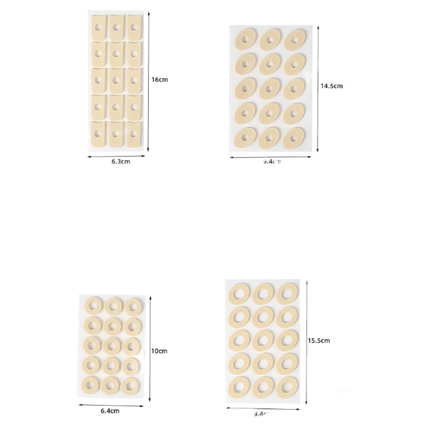 Set of women's heel grips showing four shapes: large oval, small oval, U-shaped, and circular section