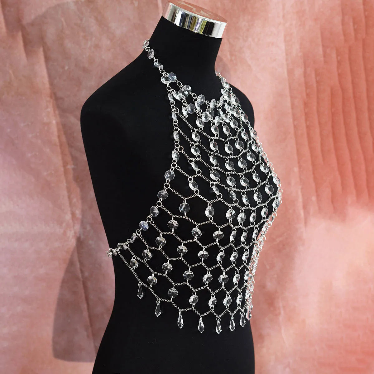 Transparent acrylic crystal sequins body chain hand-woven chest necklace
