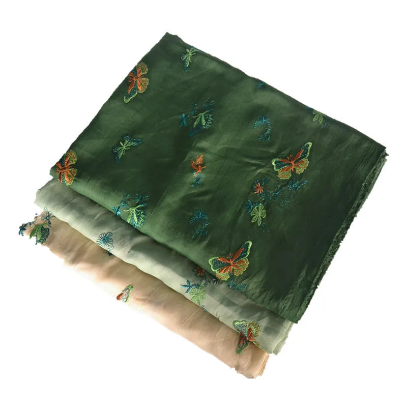 Pure ramie embroidery cloth for hanfu making showing beige, grass green, and dark green colour options