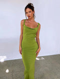 Backless milk silk spaghetti strap dress with high waist long skirt in Champagne solid colour