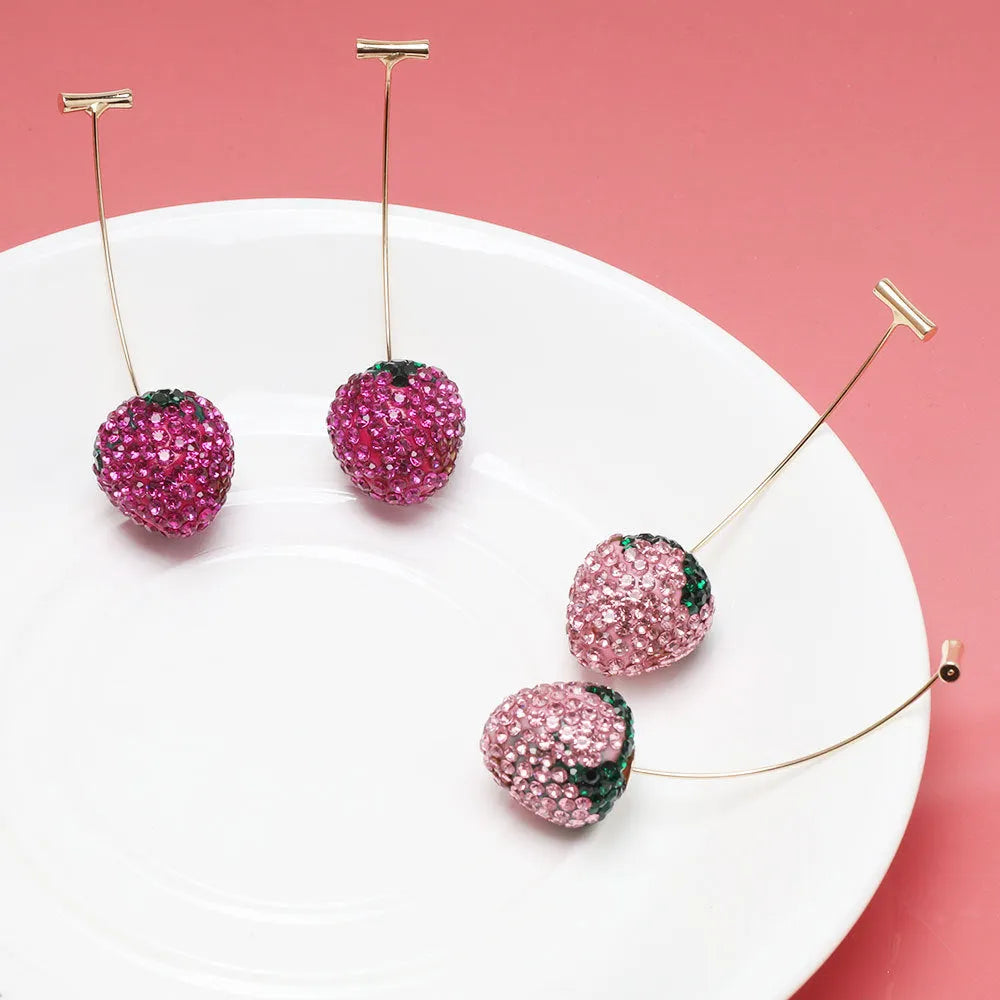 Geometric zinc alloy stud earrings with a strawberry design in red spot drill finish.