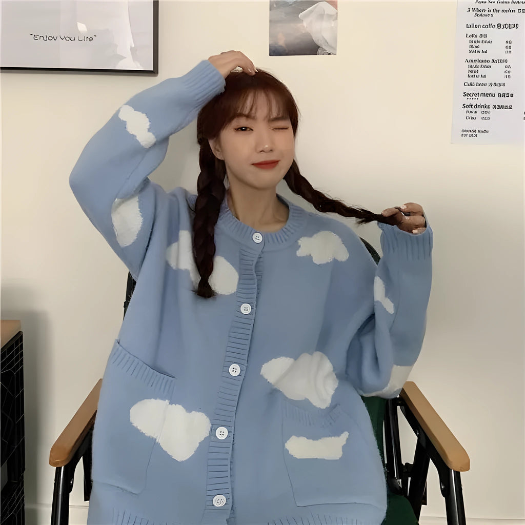 Women's blue cloud-patterned spandex cardigan sweater coat with loose fit and long sleeves