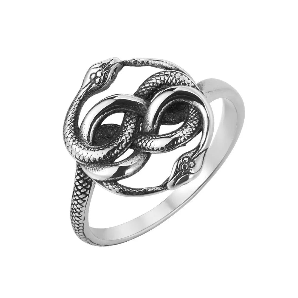 Titanium steel double snake retro ring in steel colour showing detailed snake motif design
